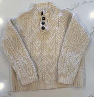 Aran Sweater Market 100% Merino Wool Buttoned Mock Neck Cable Knit Sweater